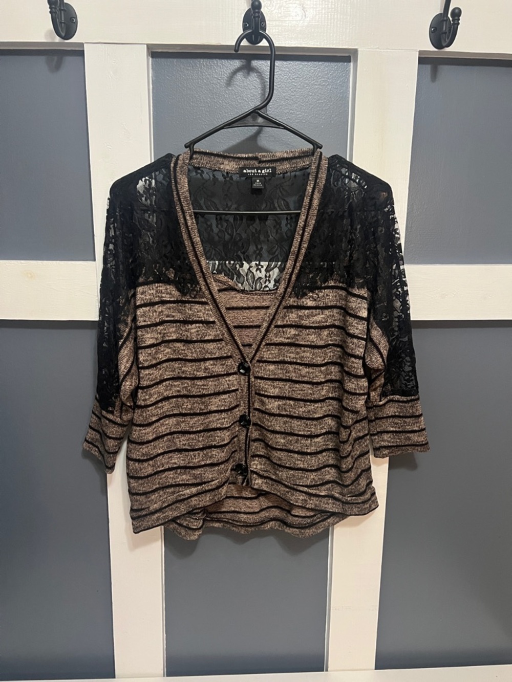 About A Girl Brown Striped Cardigan with Black Lace Shoulders
